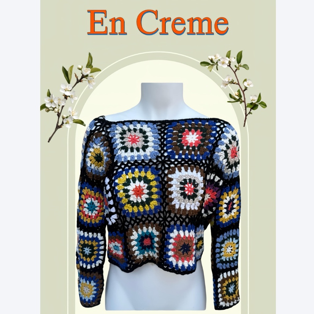 En Creme multi color granny square sweater